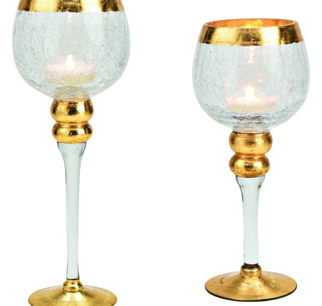 Cracking Glass with Gold Trim Candle Holder Set