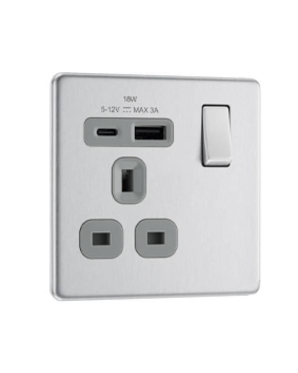 NEXUS FLATPLATE 1G SW SKT BR STL1 USB A + 1 USB C